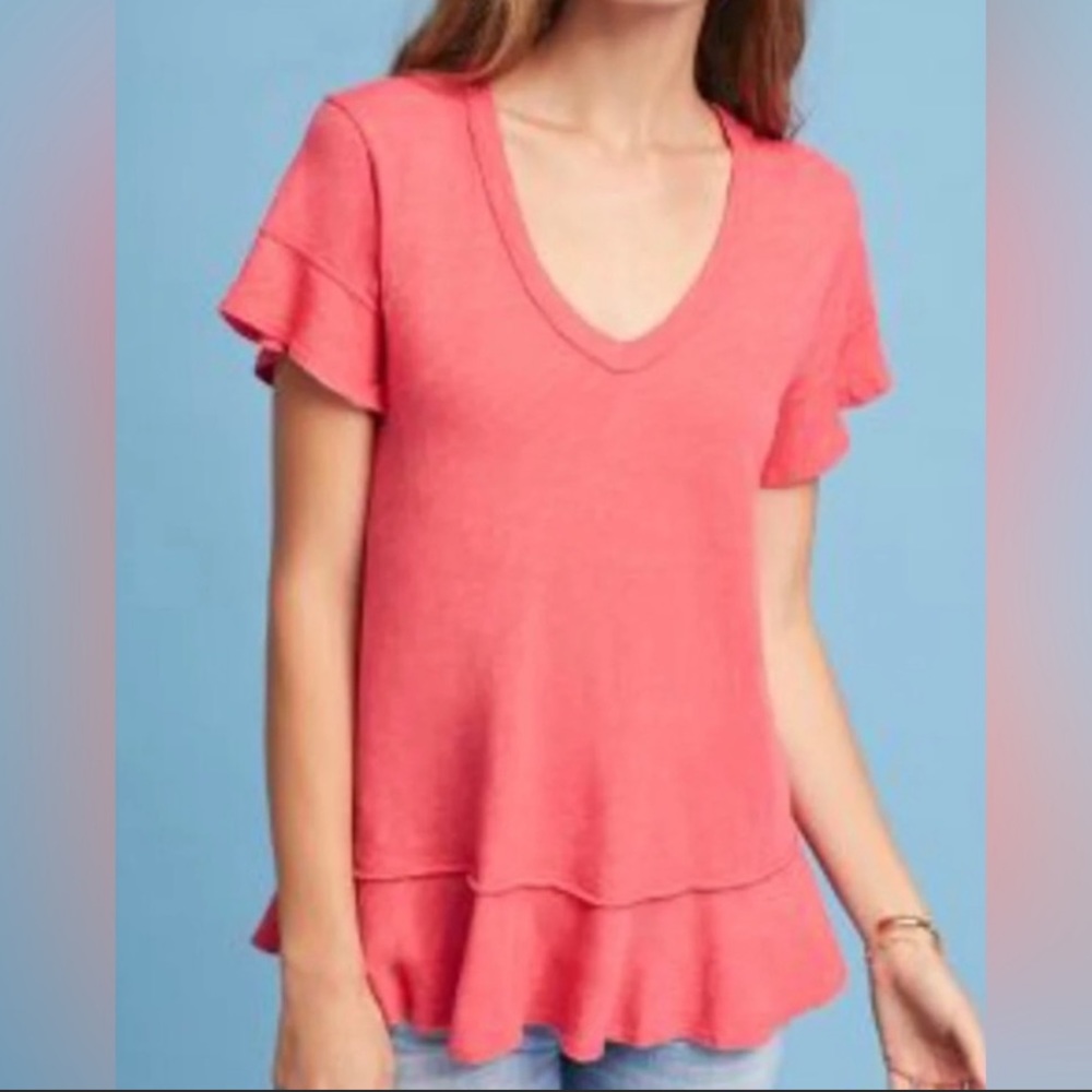 Anthropologie Left of Center Flutter Sleeve Peplum Hem Tee XS S Coral 100% Cotto